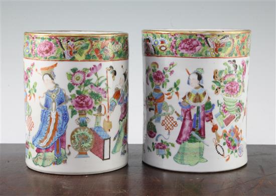 A pair of Chinese Canton-decorated famille rose brush pots, Daoguang period, 16cm, one cracked